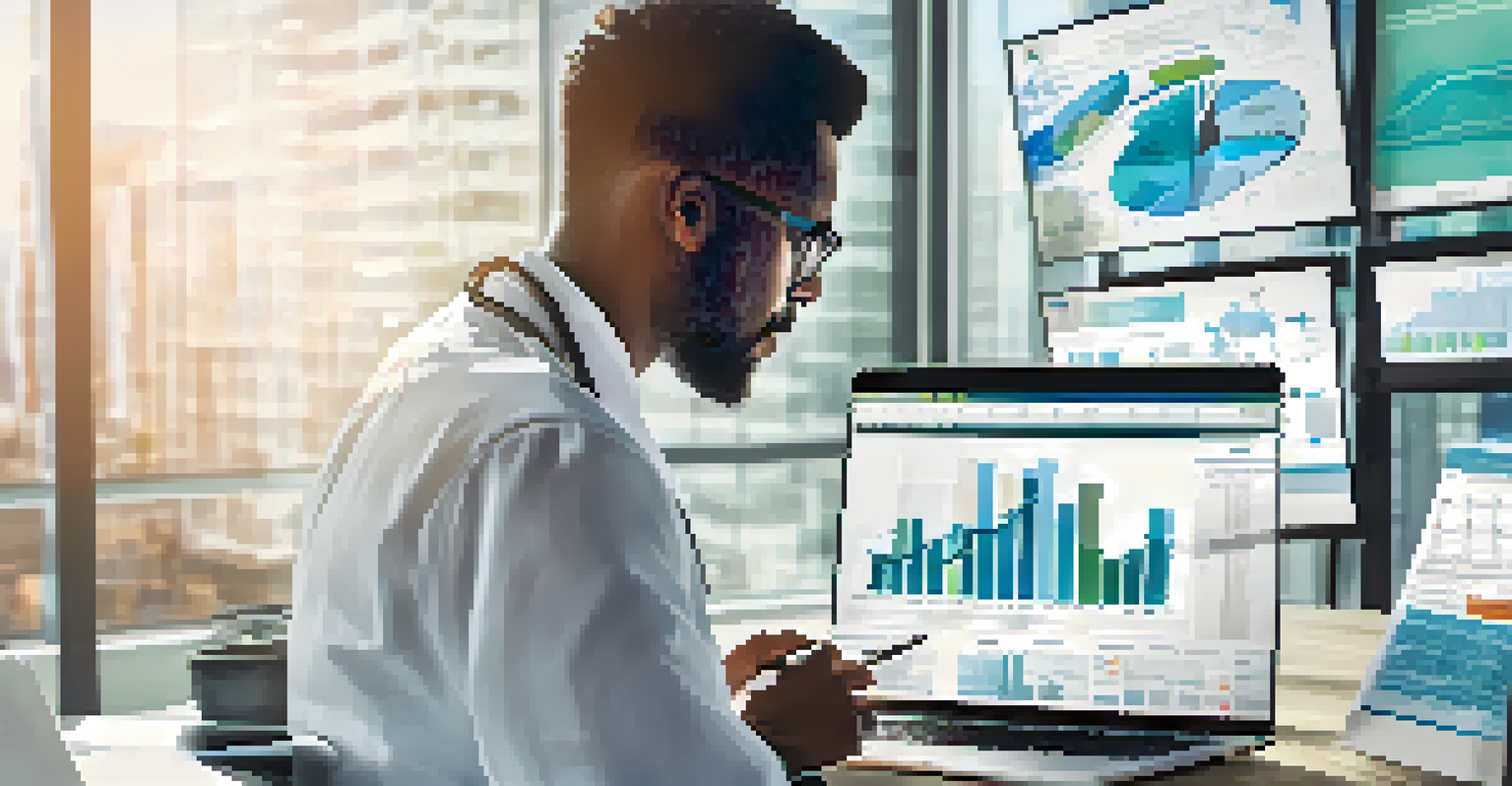 A healthcare professional reviewing financial data related to budget impact analysis in a bright office, with charts and graphs on a screen.