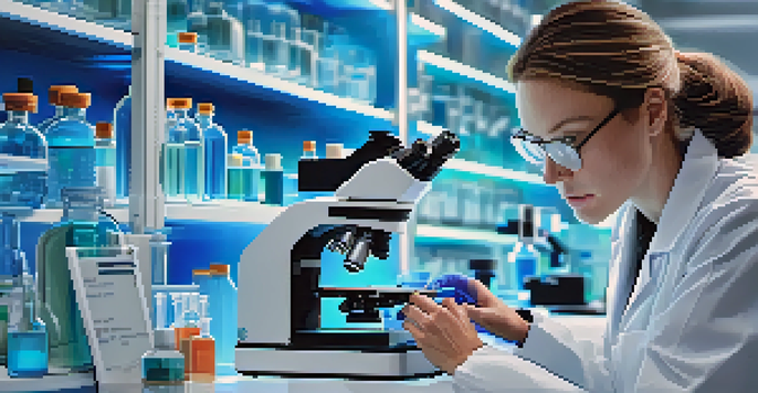 A female scientist in a laboratory looking through a microscope at a DNA strand, surrounded by modern lab equipment.