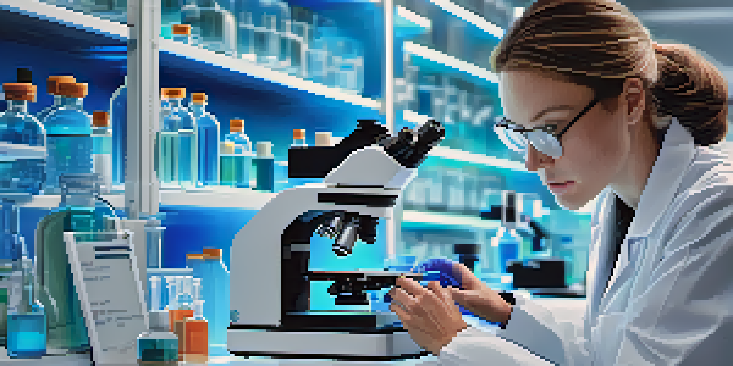 A female scientist in a laboratory looking through a microscope at a DNA strand, surrounded by modern lab equipment.