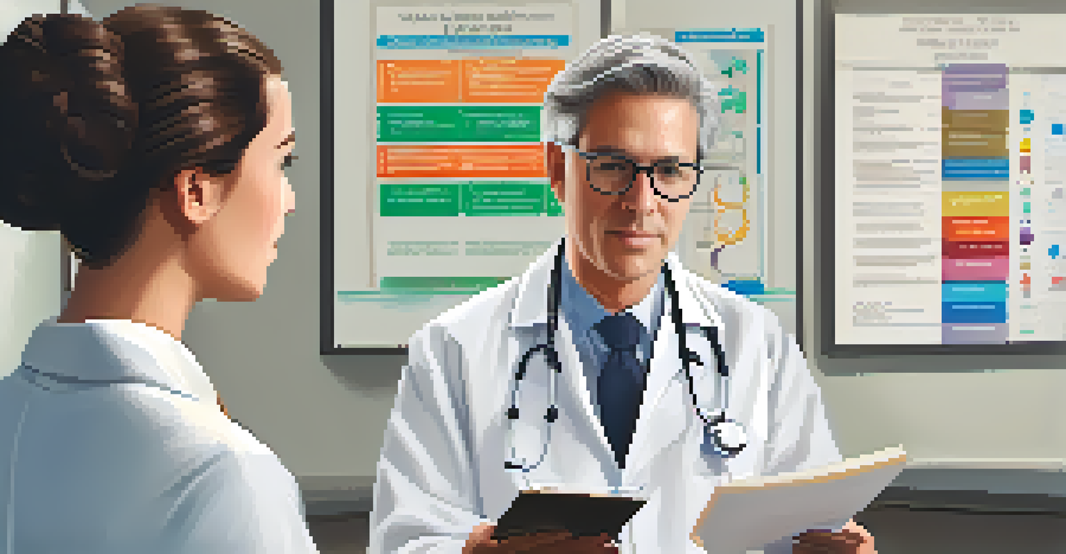 A healthcare provider explaining medication instructions to a patient using a colorful diagram.