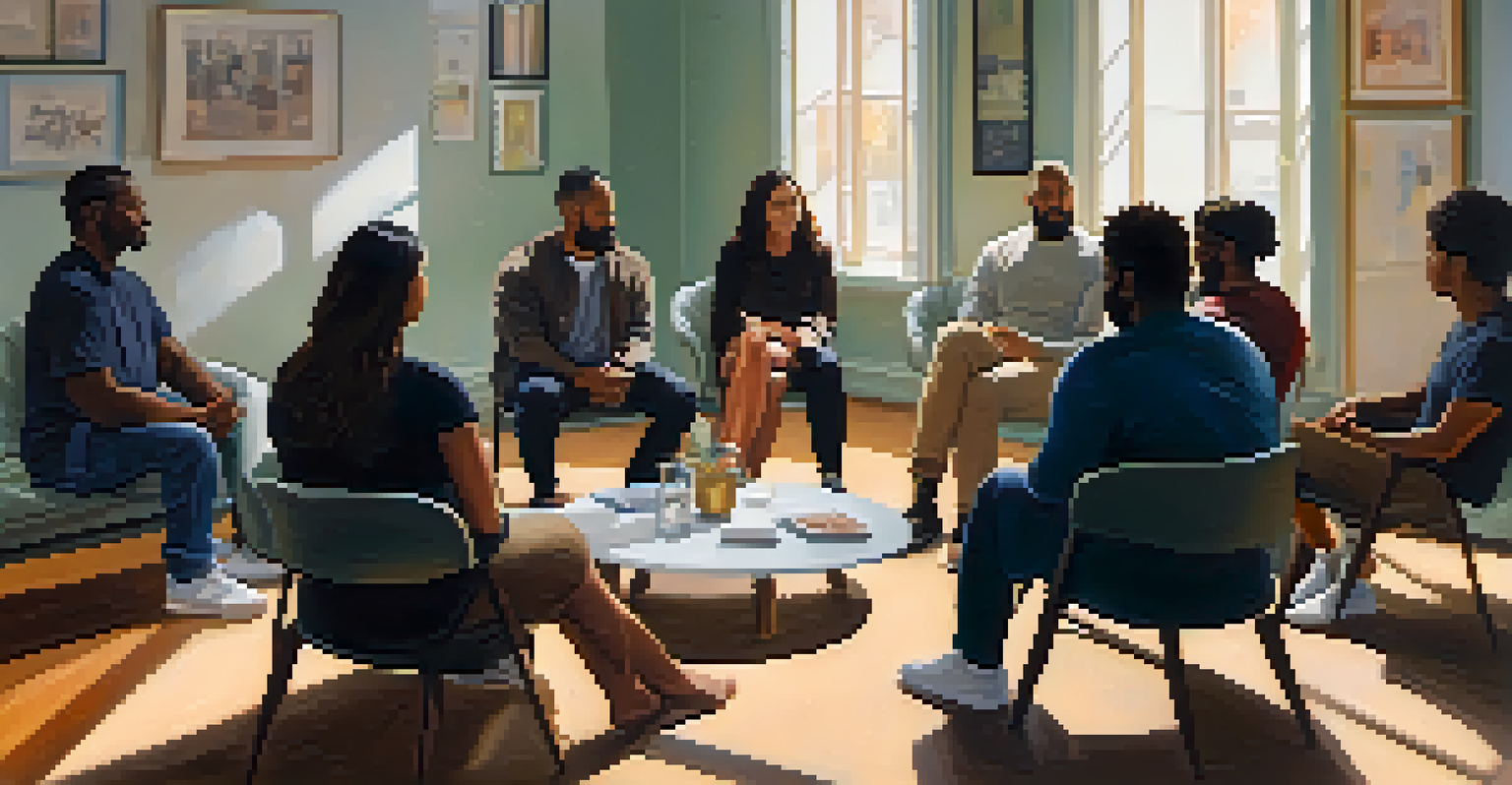 A diverse group of individuals in a mental health support group sitting in a circle, with one person sharing their story in a softly lit room.