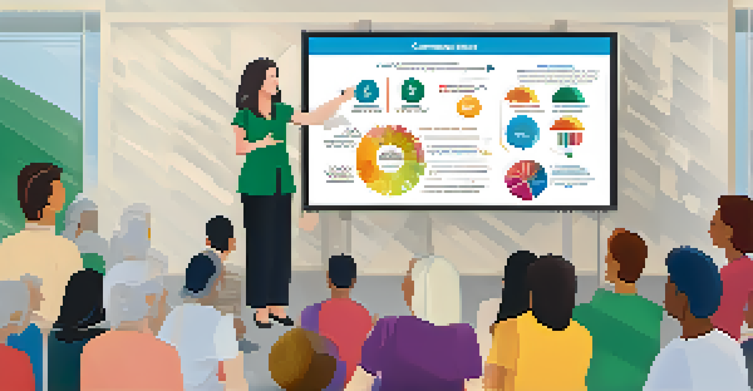 A health communicator presenting a colorful infographic about health risks to a small group of engaged listeners.