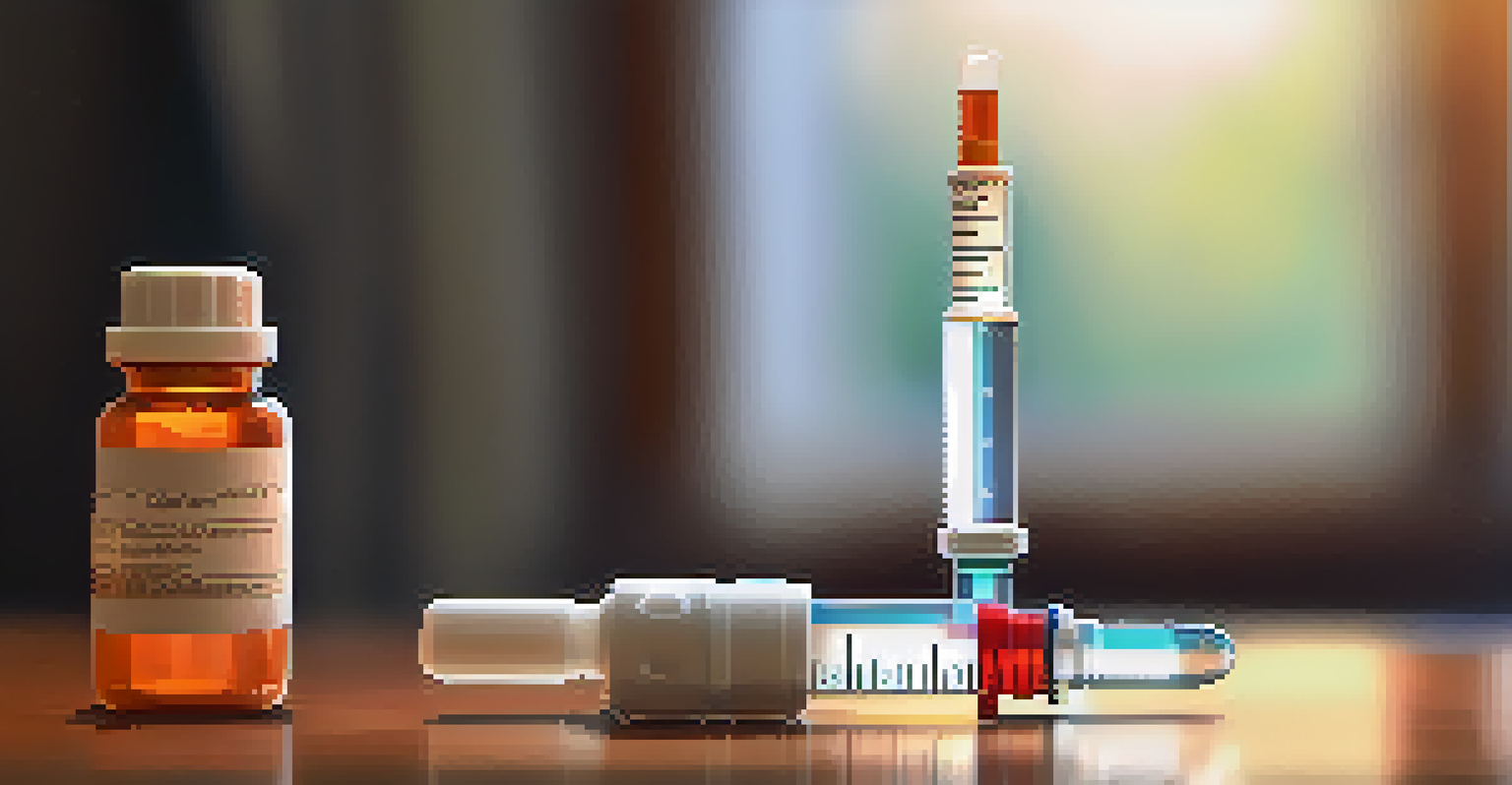 A close-up of a syringe filled with vaccine solution on a wooden table, with medical supplies blurred in the background.