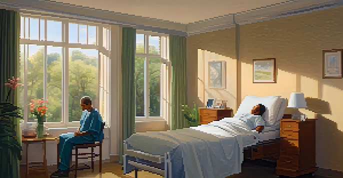 A peaceful hospital room with a patient in bed and family members around, providing support. The room is softly lit, with artwork on the walls and a garden view outside the window.
