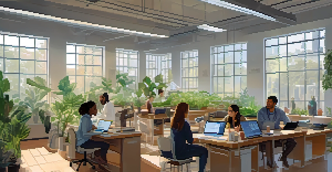 A diverse group of researchers in a bright lab discussing ethical research practices around a table with charts and laptops.
