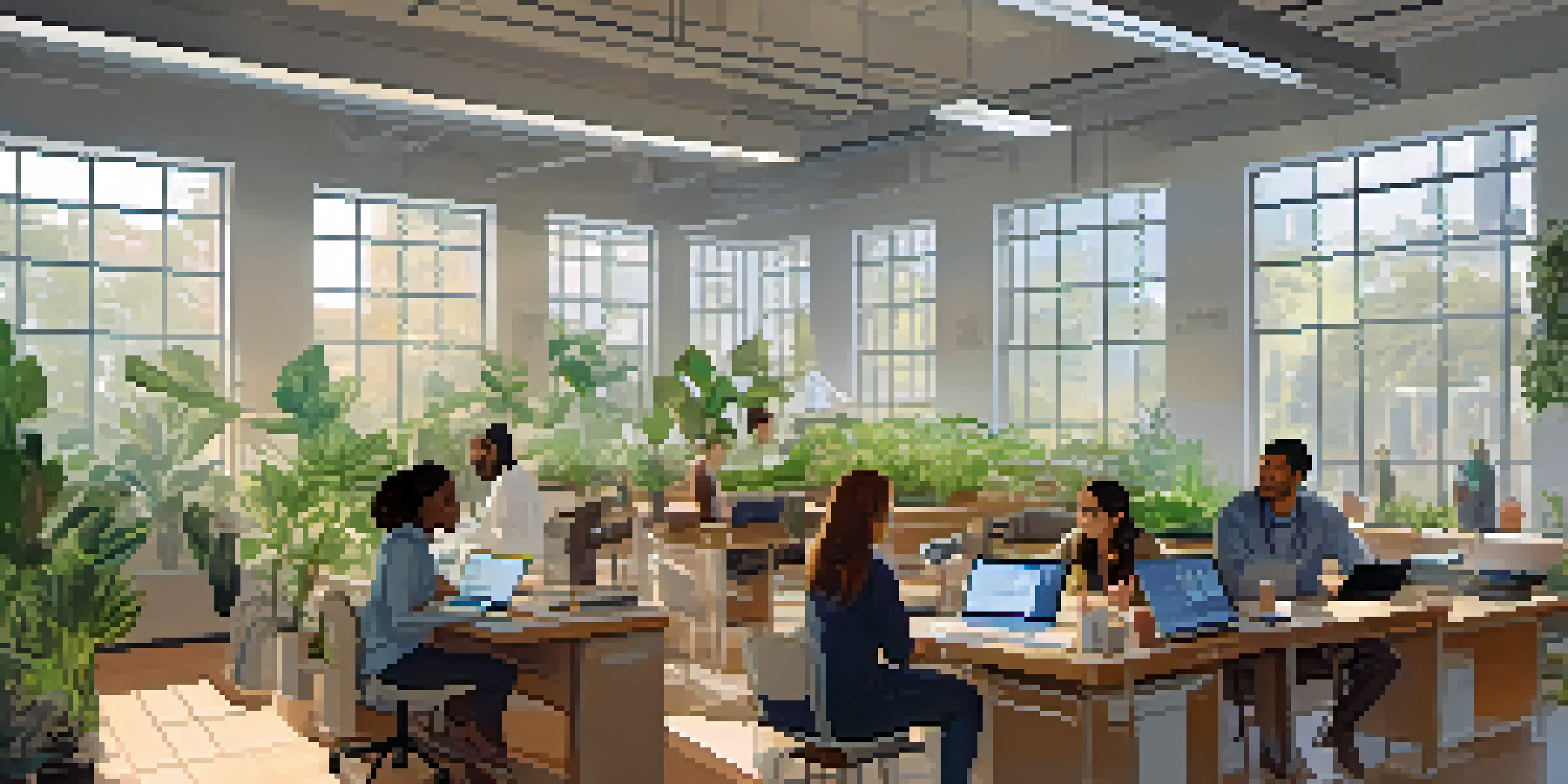 A diverse group of researchers in a bright lab discussing ethical research practices around a table with charts and laptops.