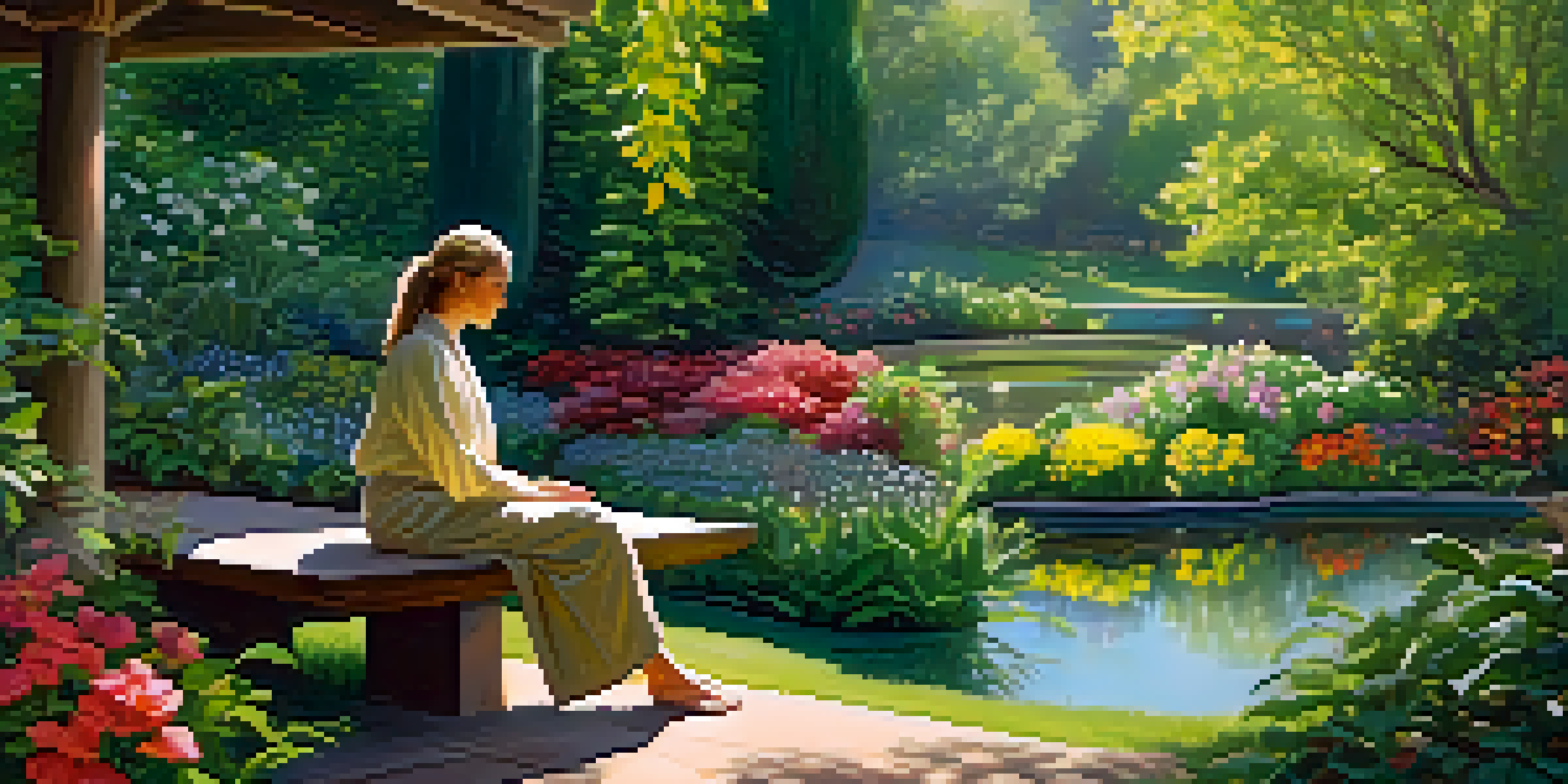 A peaceful garden with colorful flowers, green plants, and a person meditating on a bench by a pond, illuminated by sunlight.