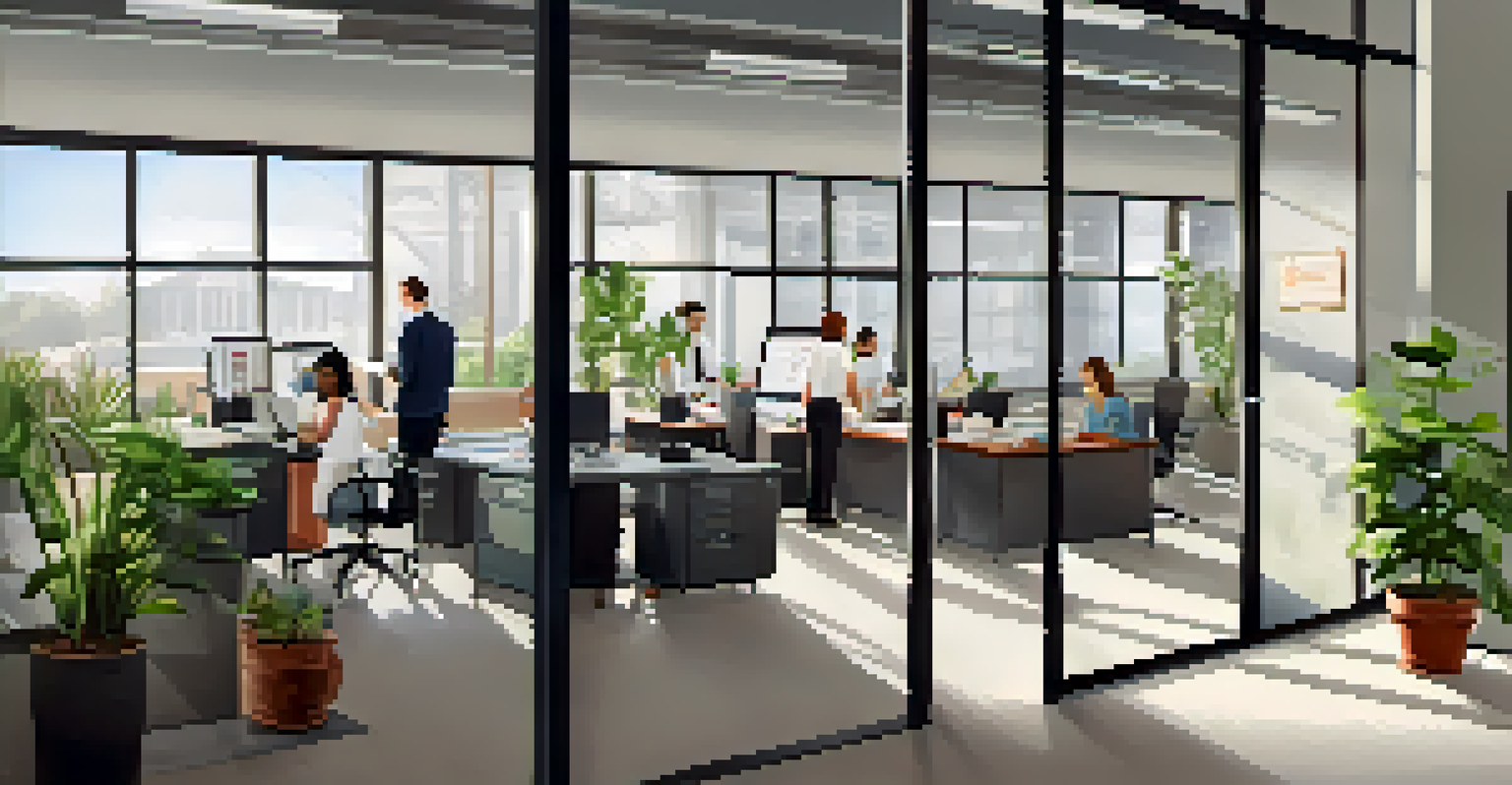 An office environment showing a safety protocol checklist on the wall with employees collaborating at their desks.