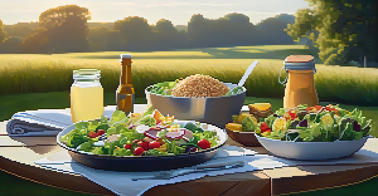 A picnic table with a balanced meal in a serene outdoor setting, surrounded by greenery and warm light.
