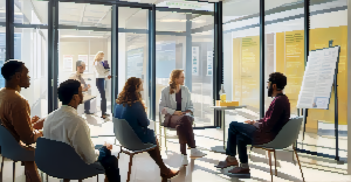 A diverse group of clinical trial participants discussing informed consent with a researcher in a bright medical office.