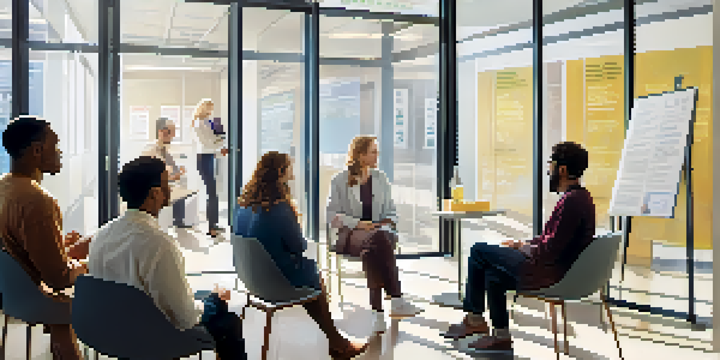 A diverse group of clinical trial participants discussing informed consent with a researcher in a bright medical office.