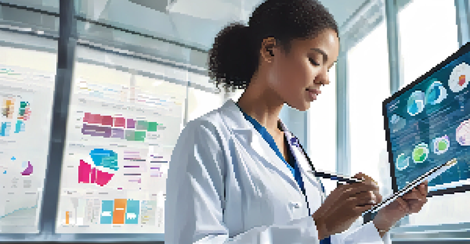 A healthcare professional looking at a digital tablet with charts and graphs about health technology assessments in a bright, modern room.