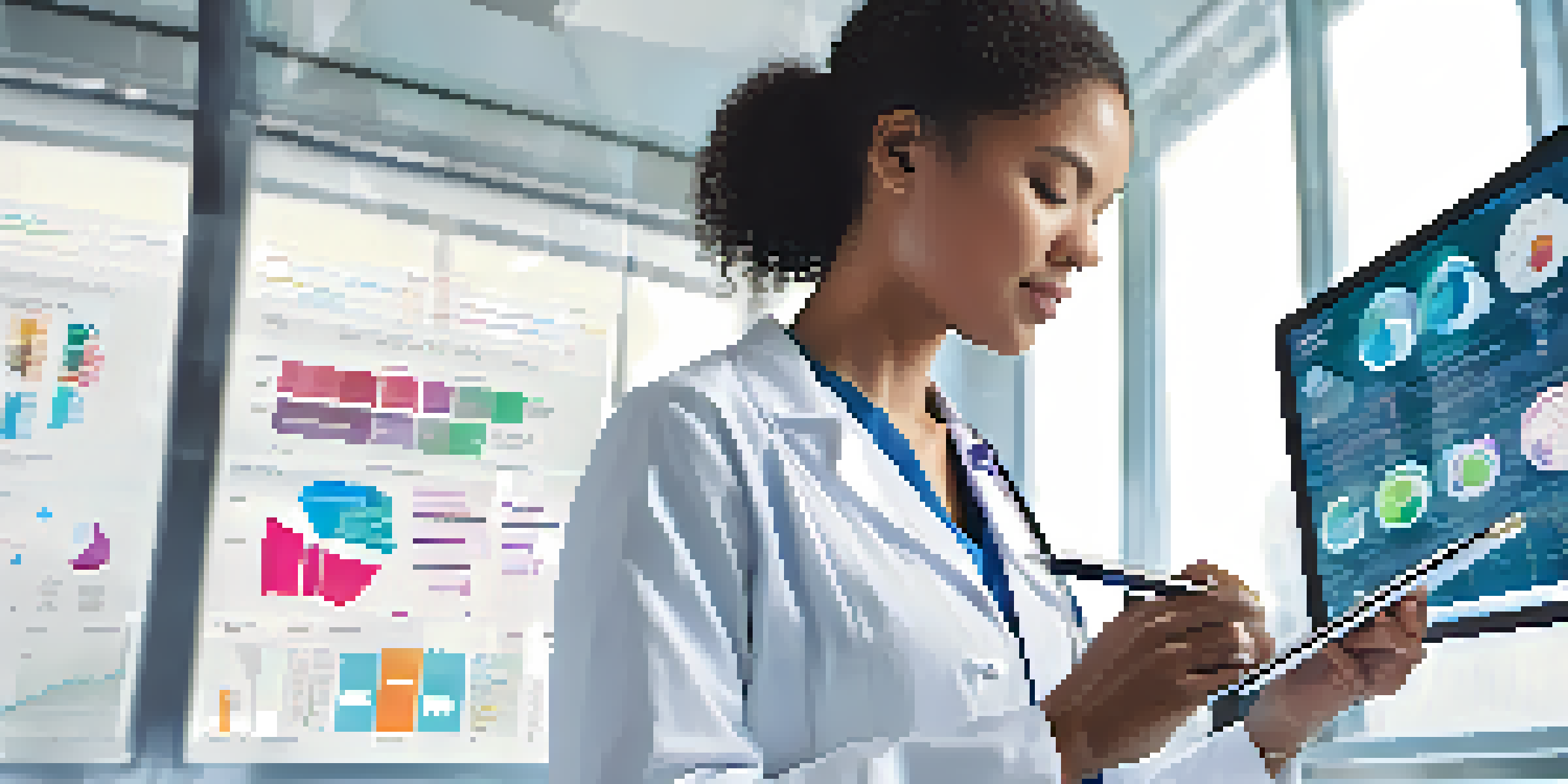 A healthcare professional looking at a digital tablet with charts and graphs about health technology assessments in a bright, modern room.