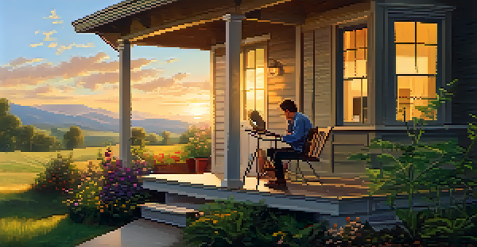 A person on a porch using a laptop in a rural setting, with a sunset and green surroundings.