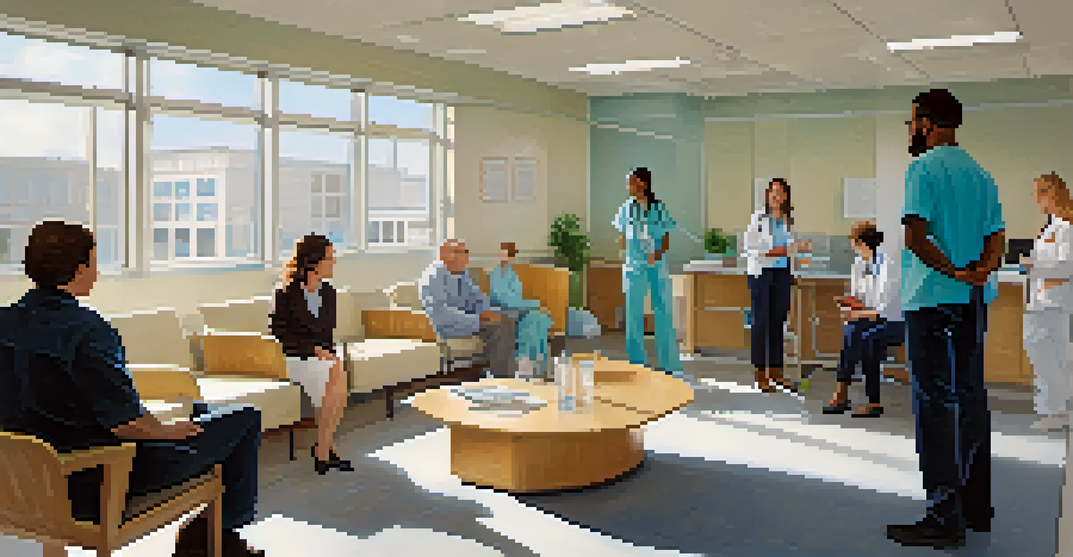 A diverse group of participants in a clinical trial sitting in a bright waiting room, with nurses preparing in the background.