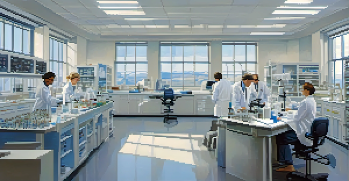 A clinical research laboratory with scientists in lab coats collaborating on experiments, surrounded by equipment and bright natural light.