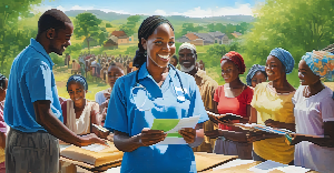 A community health worker, an African woman, interacting with a diverse group of people in a rural area, providing health education.