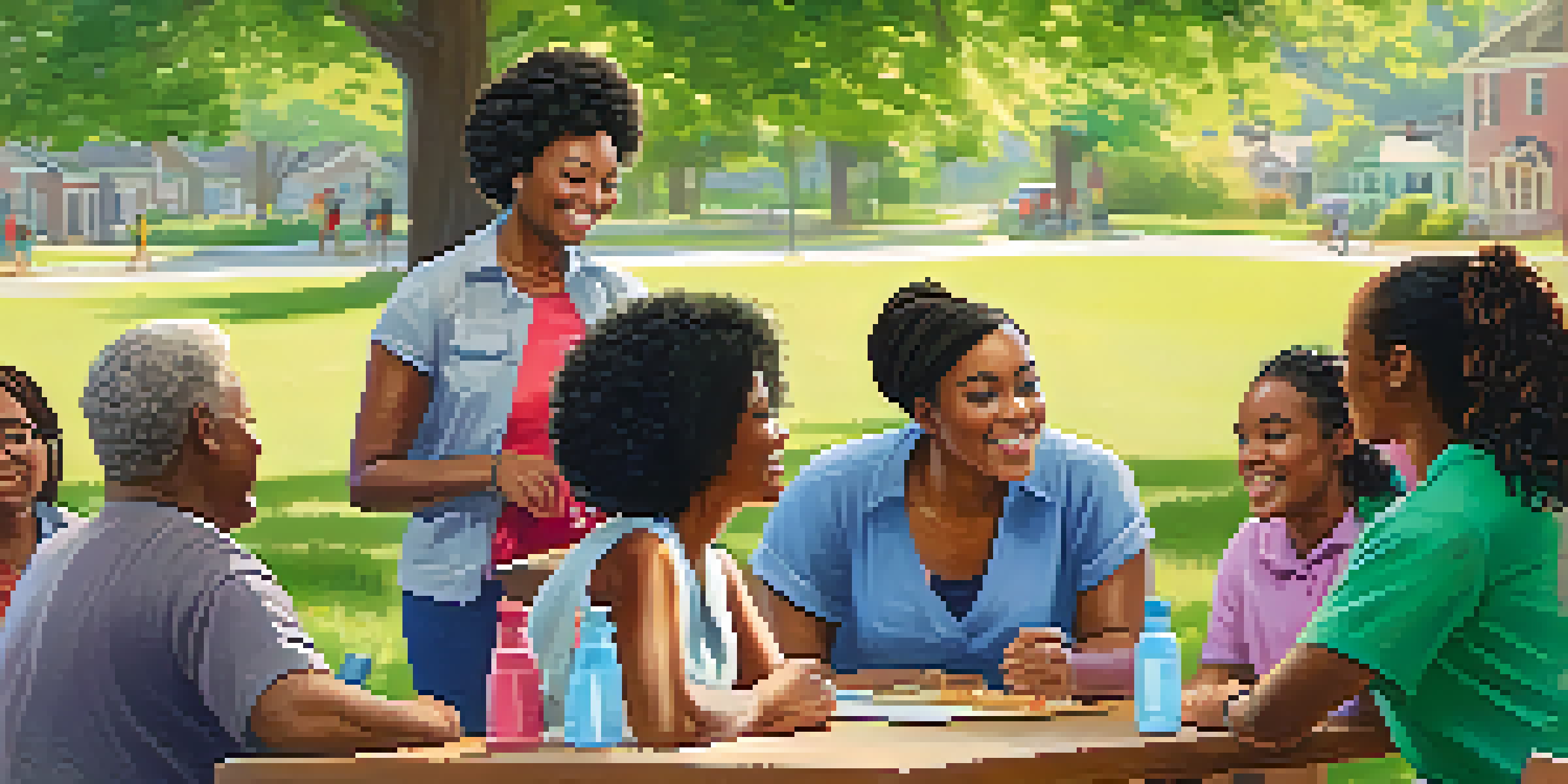 A community health worker, a Black woman, speaks to a diverse group of people in a sunny park filled with green trees and colorful flowers.