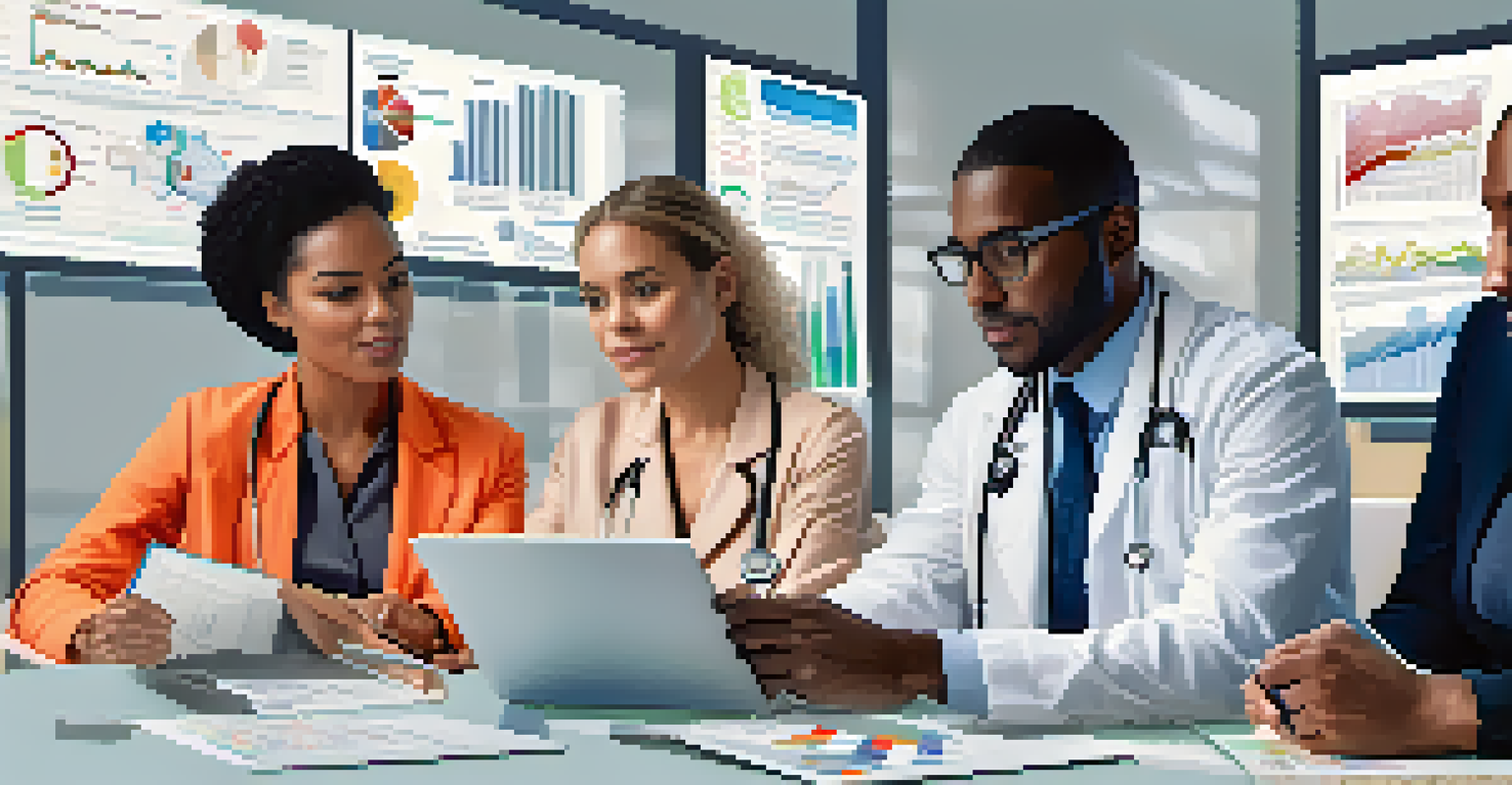 A diverse group of healthcare professionals discussing data analysis around a table with laptops and tablets in a collaborative environment.