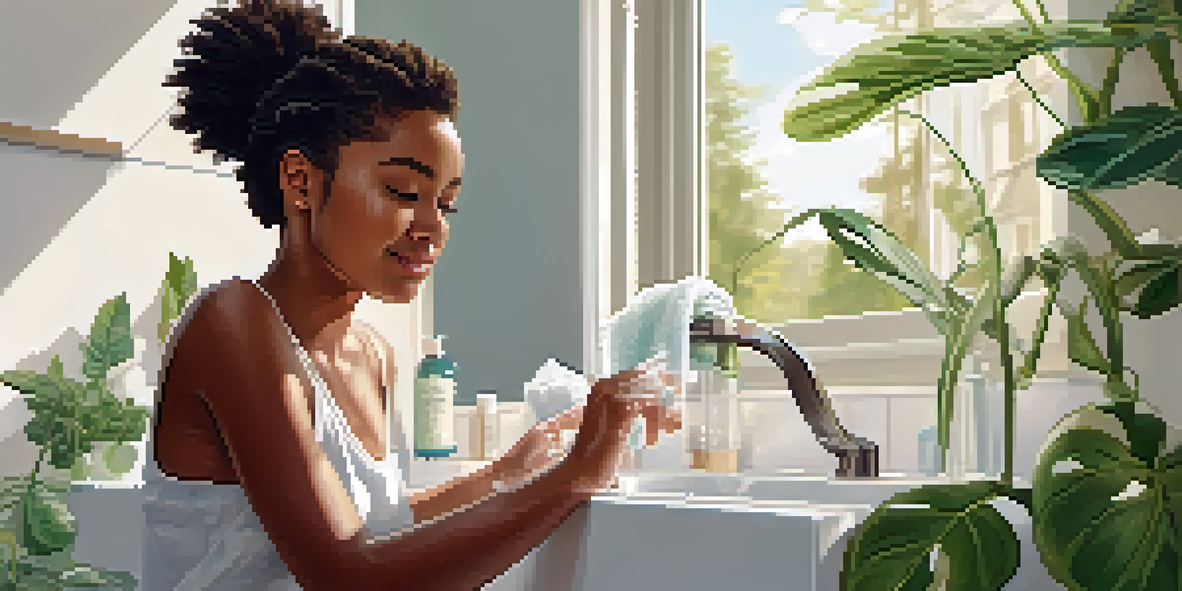 A young person washing their face in a bright bathroom, surrounded by skincare products and a small plant.