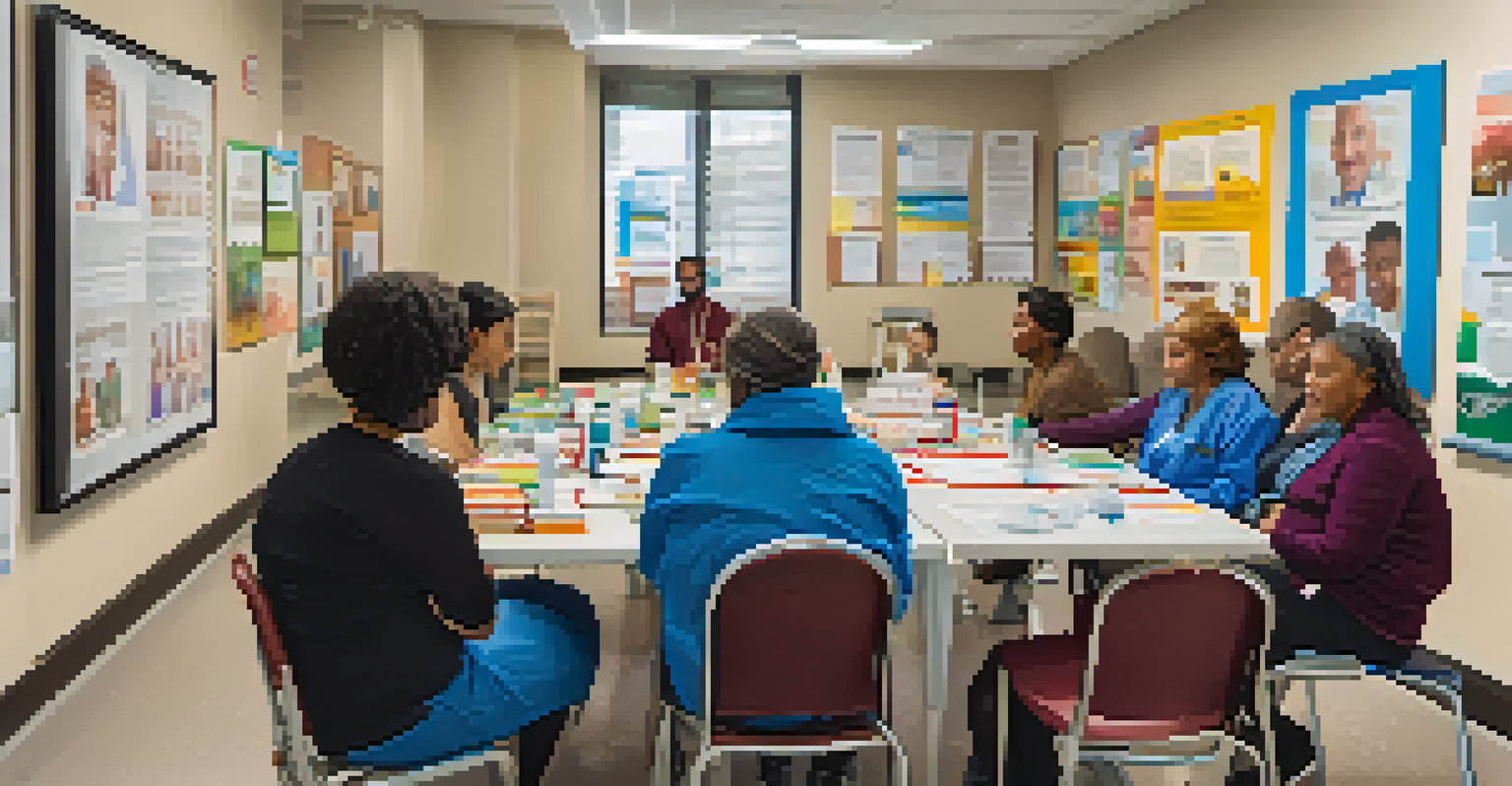 A diverse group of patients and healthcare providers in a community workshop, discussing health literacy in a bright and welcoming environment.