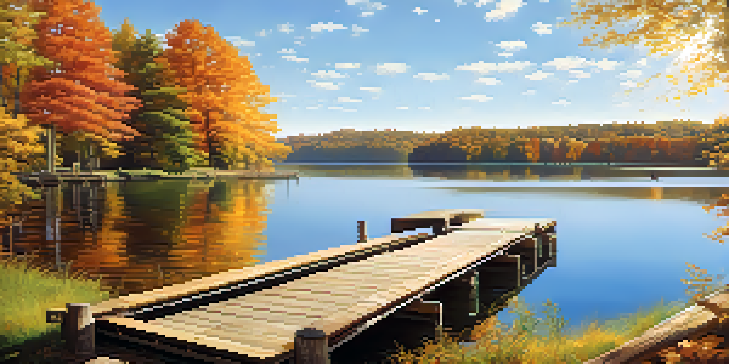 A peaceful lake scene with green forests and a clear blue sky, featuring a wooden dock extending into the water.