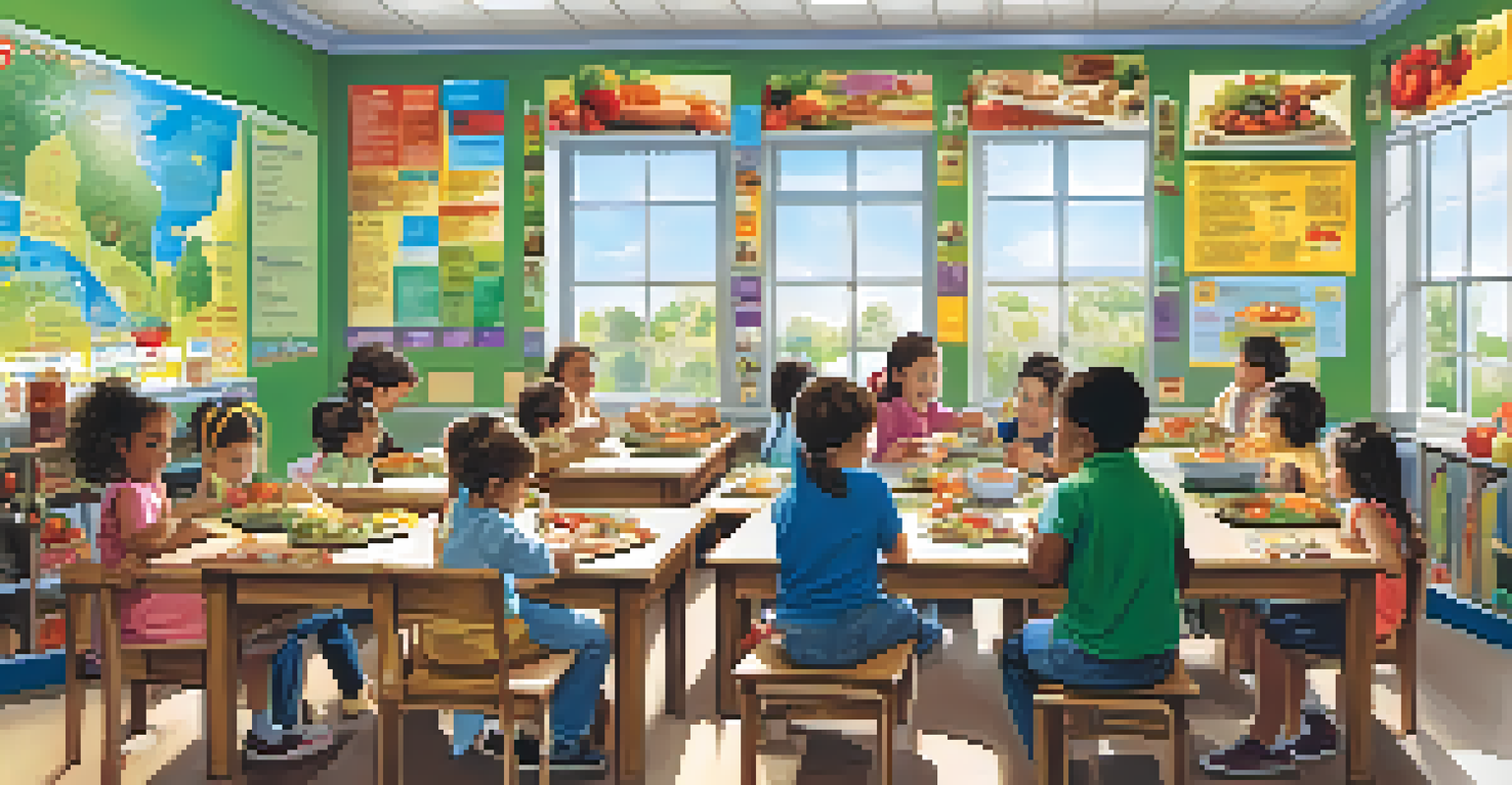 Children in a classroom learning about healthy eating from a teacher, with a colorful food group chart on the wall.