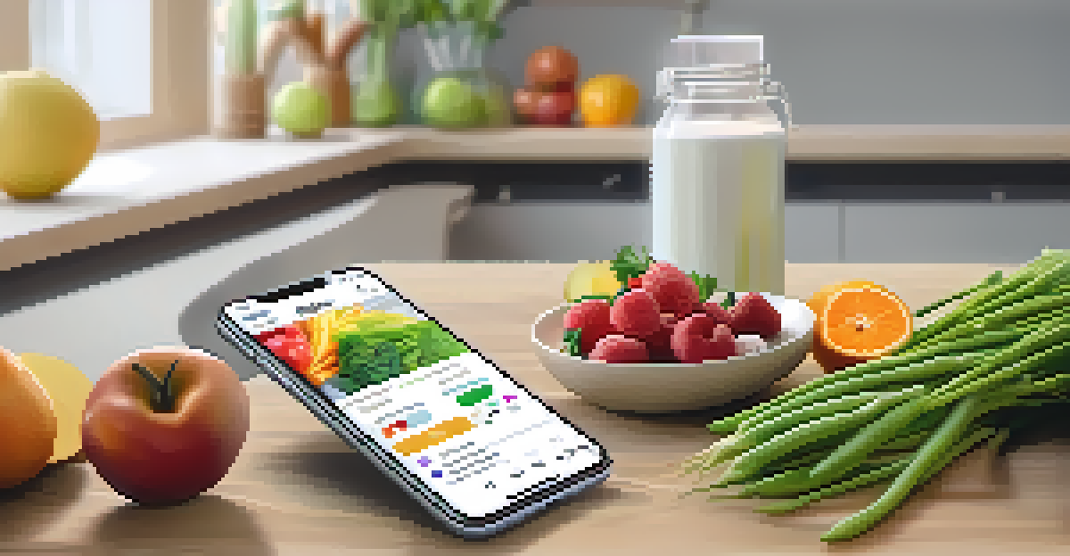 A smartphone displaying a health app with fresh fruits and vegetables on a kitchen table.