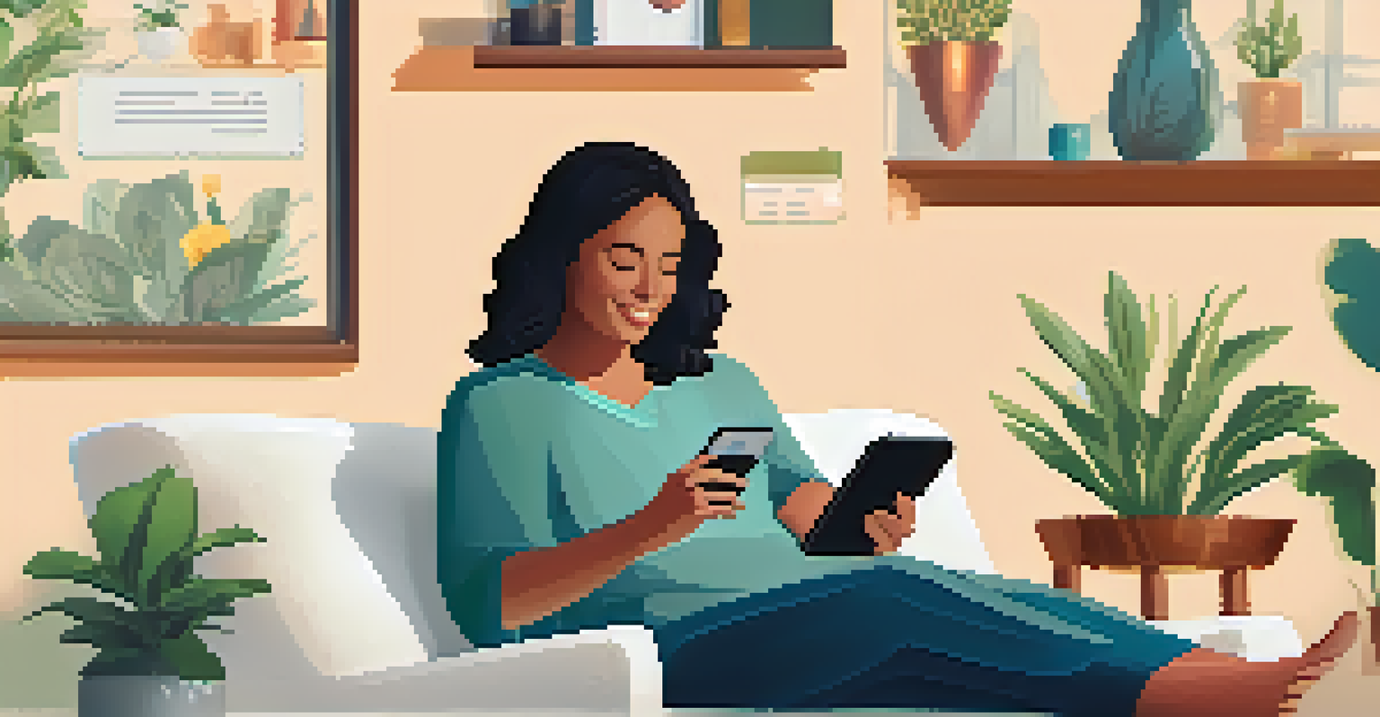 A patient at home using a mobile health app on a smartphone, surrounded by health-related visual icons.
