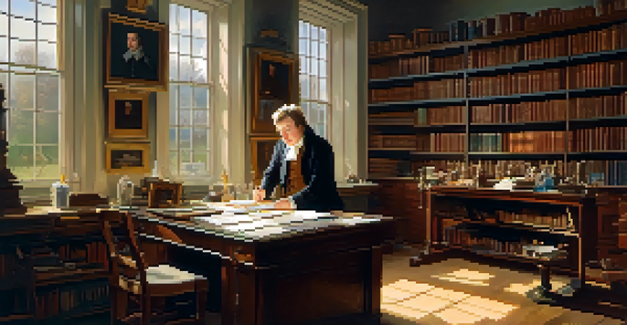 Edward Jenner in a historical study preparing to vaccinate a child, surrounded by medical books and a smallpox vaccination kit.