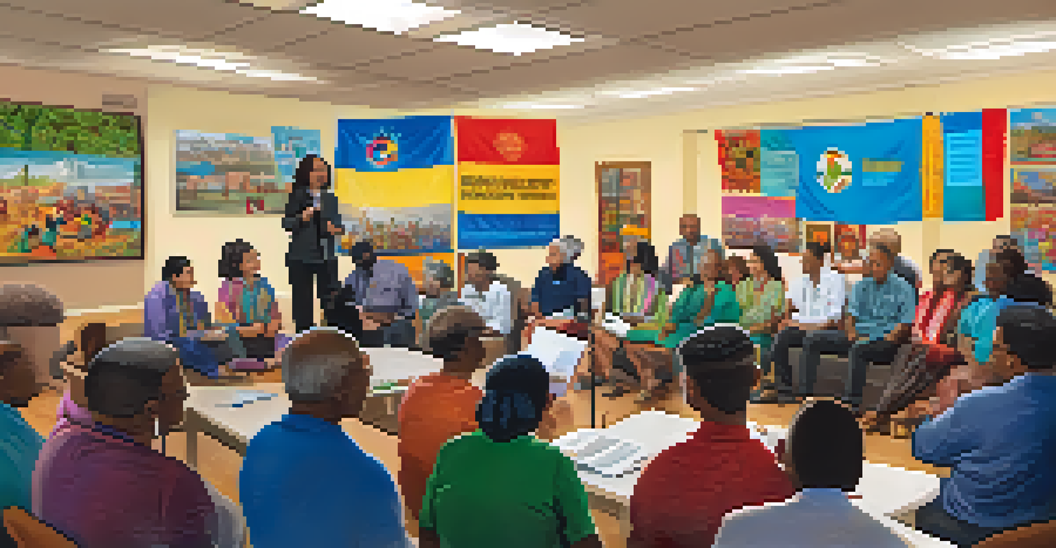 A community health meeting with diverse participants and a leader presenting health information, surrounded by cultural decorations.