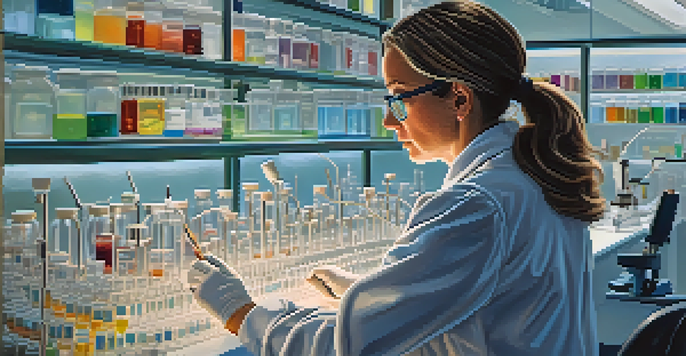 A scientist examining a sample in a laboratory setting, surrounded by DNA models and colorful petri dishes.