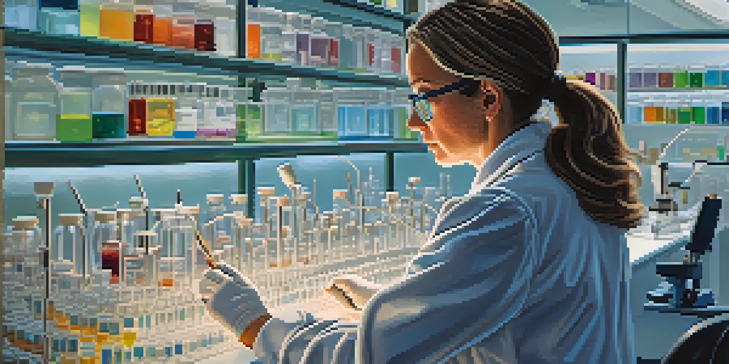 A scientist examining a sample in a laboratory setting, surrounded by DNA models and colorful petri dishes.