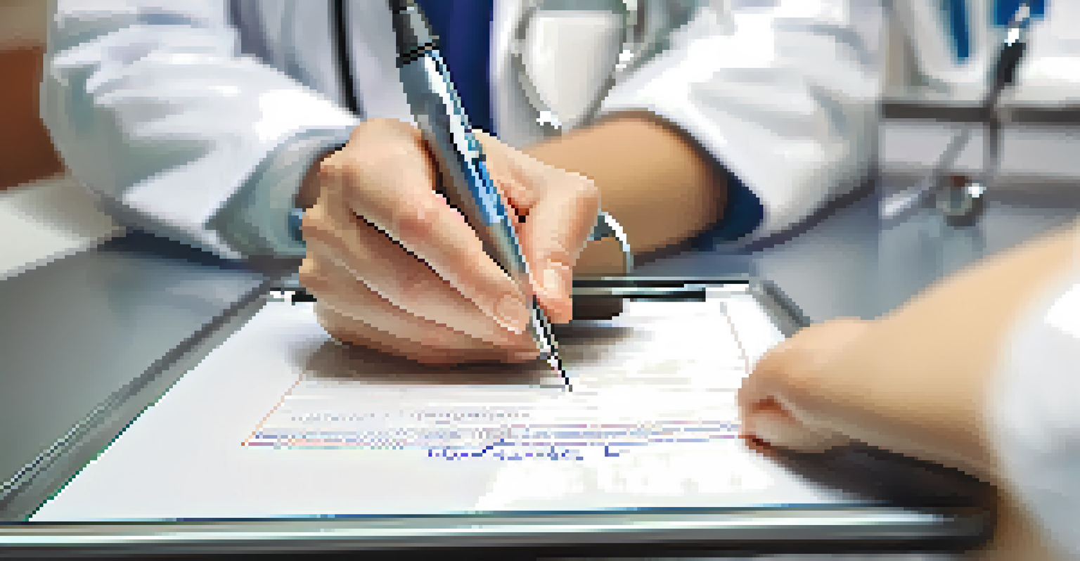 A doctor's hand writing notes on a clipboard in a clinic, highlighting the importance of health check-ups.