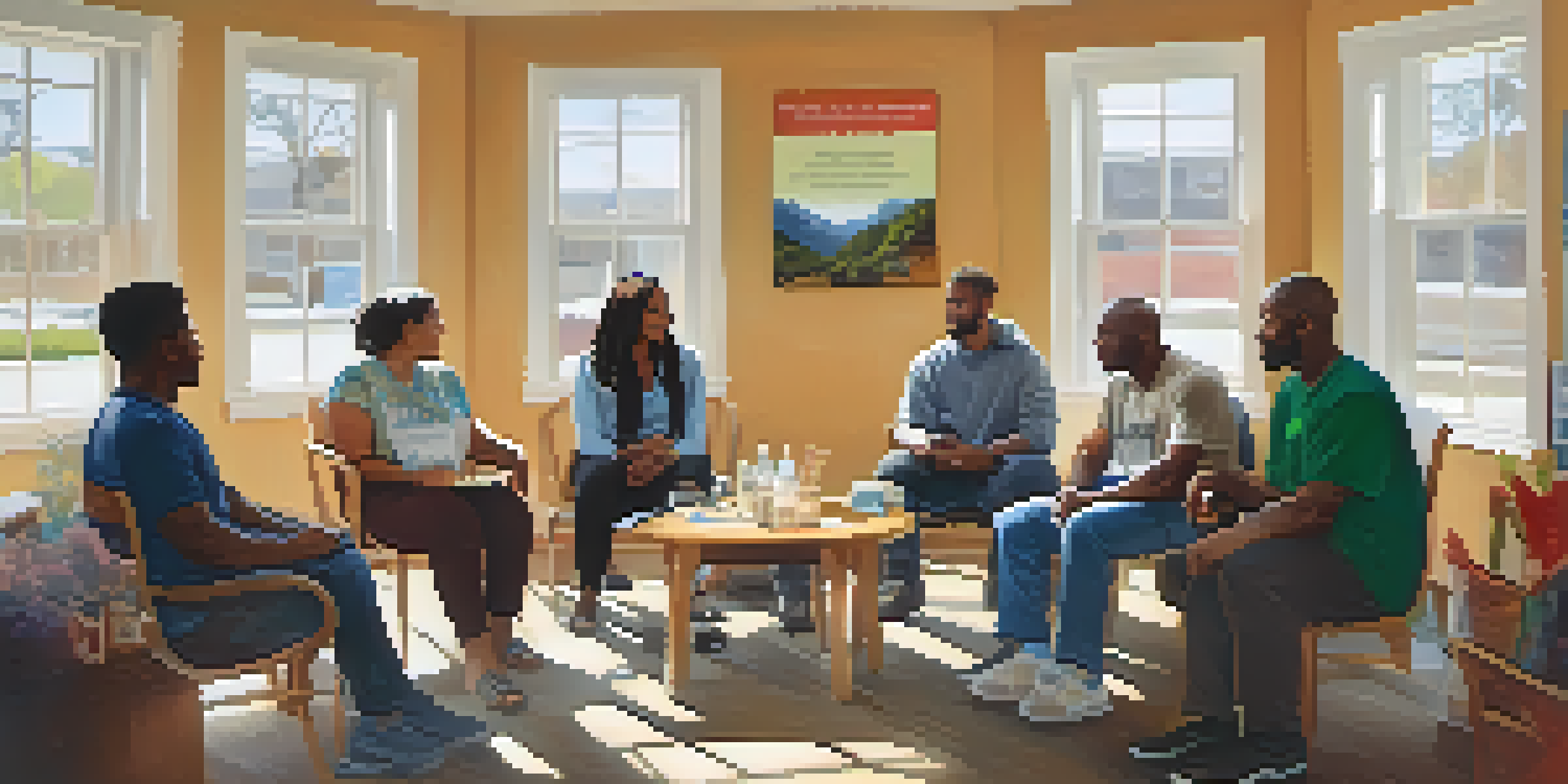 A diverse group of people sitting in a circle inside a community center, participating in a support group session with warm lighting.