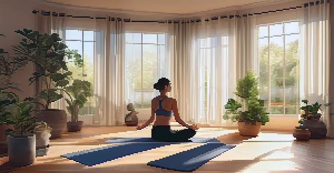 A peaceful meditation space with a person sitting cross-legged on a yoga mat, surrounded by candles and plants, illuminated by soft sunlight.