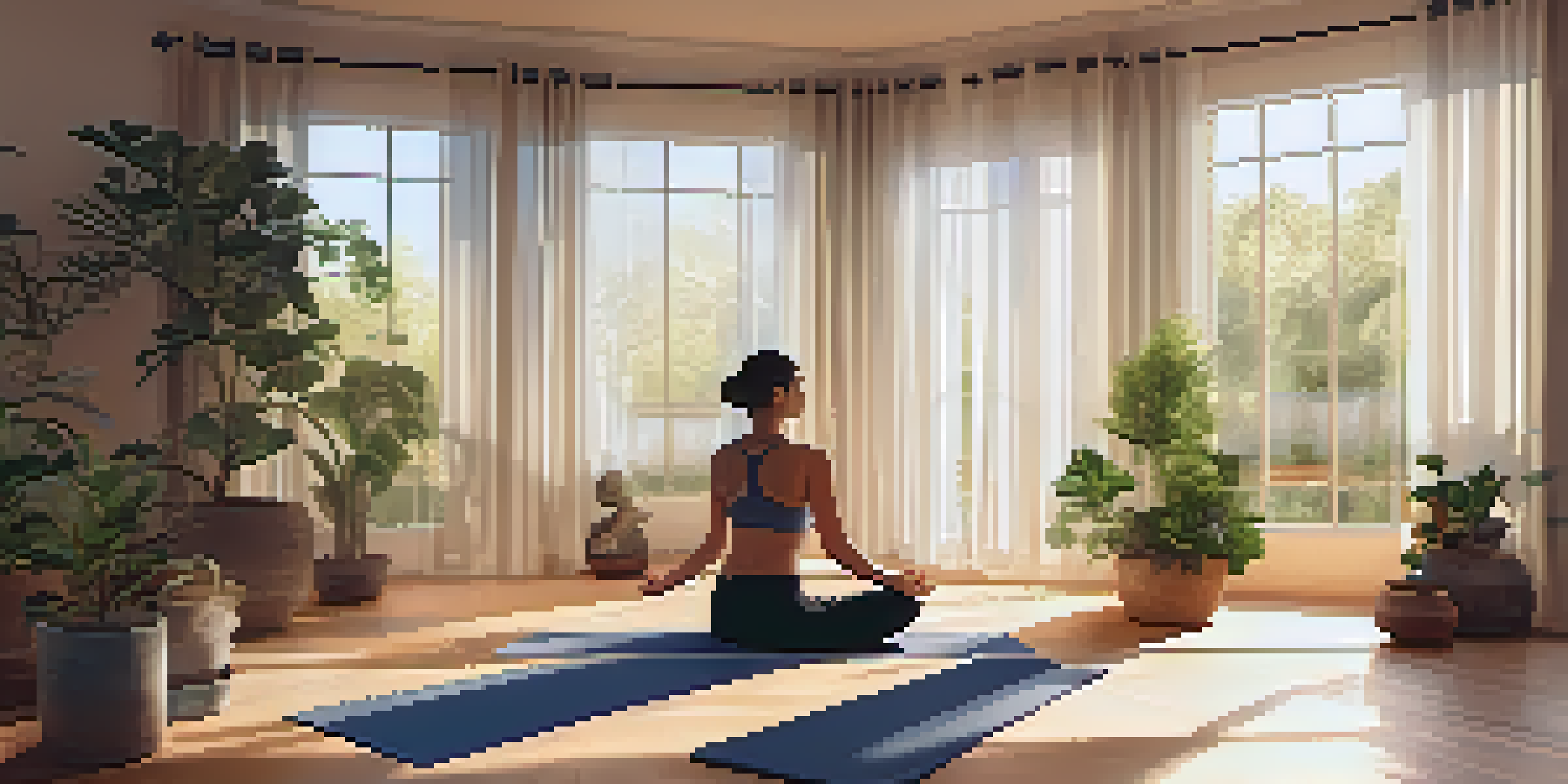 A peaceful meditation space with a person sitting cross-legged on a yoga mat, surrounded by candles and plants, illuminated by soft sunlight.