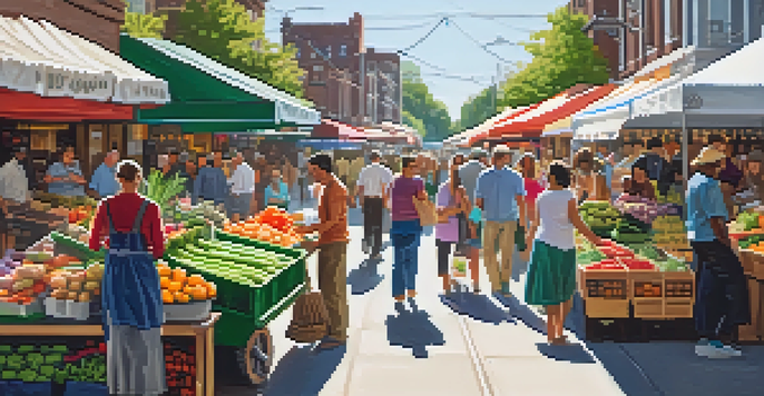 An urban farmer's market with colorful stalls and people shopping for fresh produce.