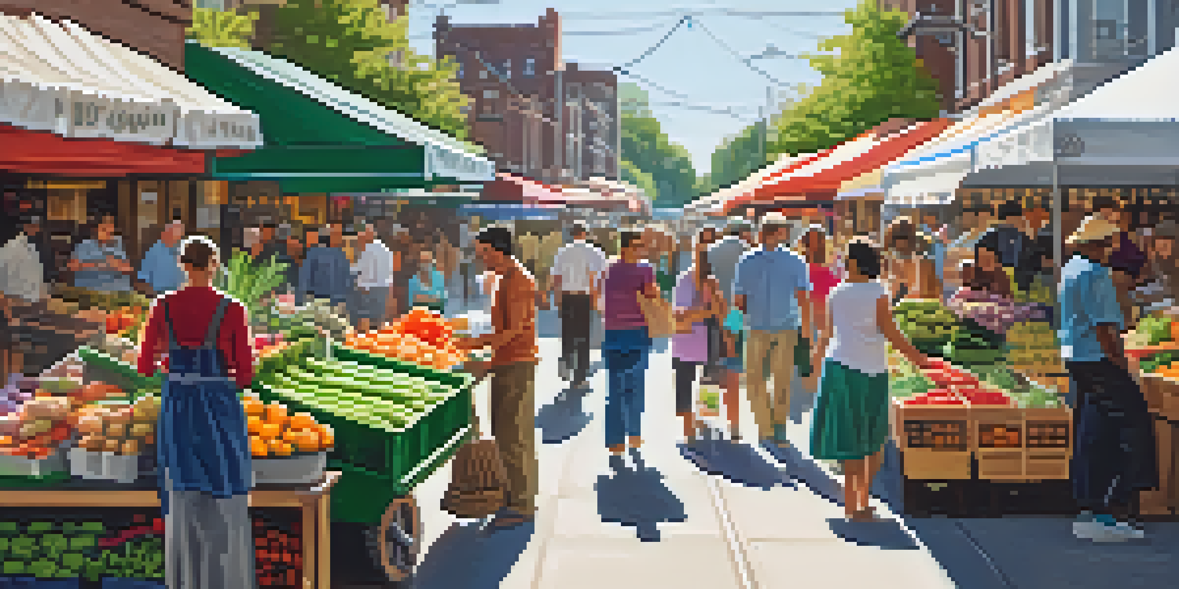 An urban farmer's market with colorful stalls and people shopping for fresh produce.