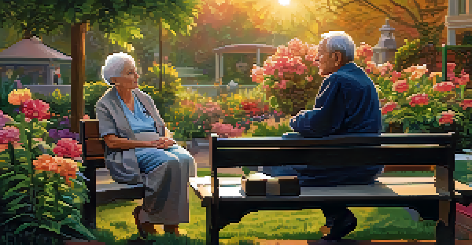 An elderly patient and a healthcare provider in a garden during sunset, highlighting the importance of compassionate listening.