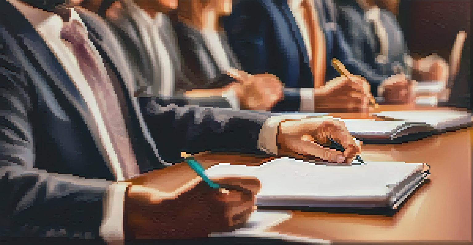 Close-up of a healthcare leader's hands taking notes during a meeting, with team members blurred in the background.