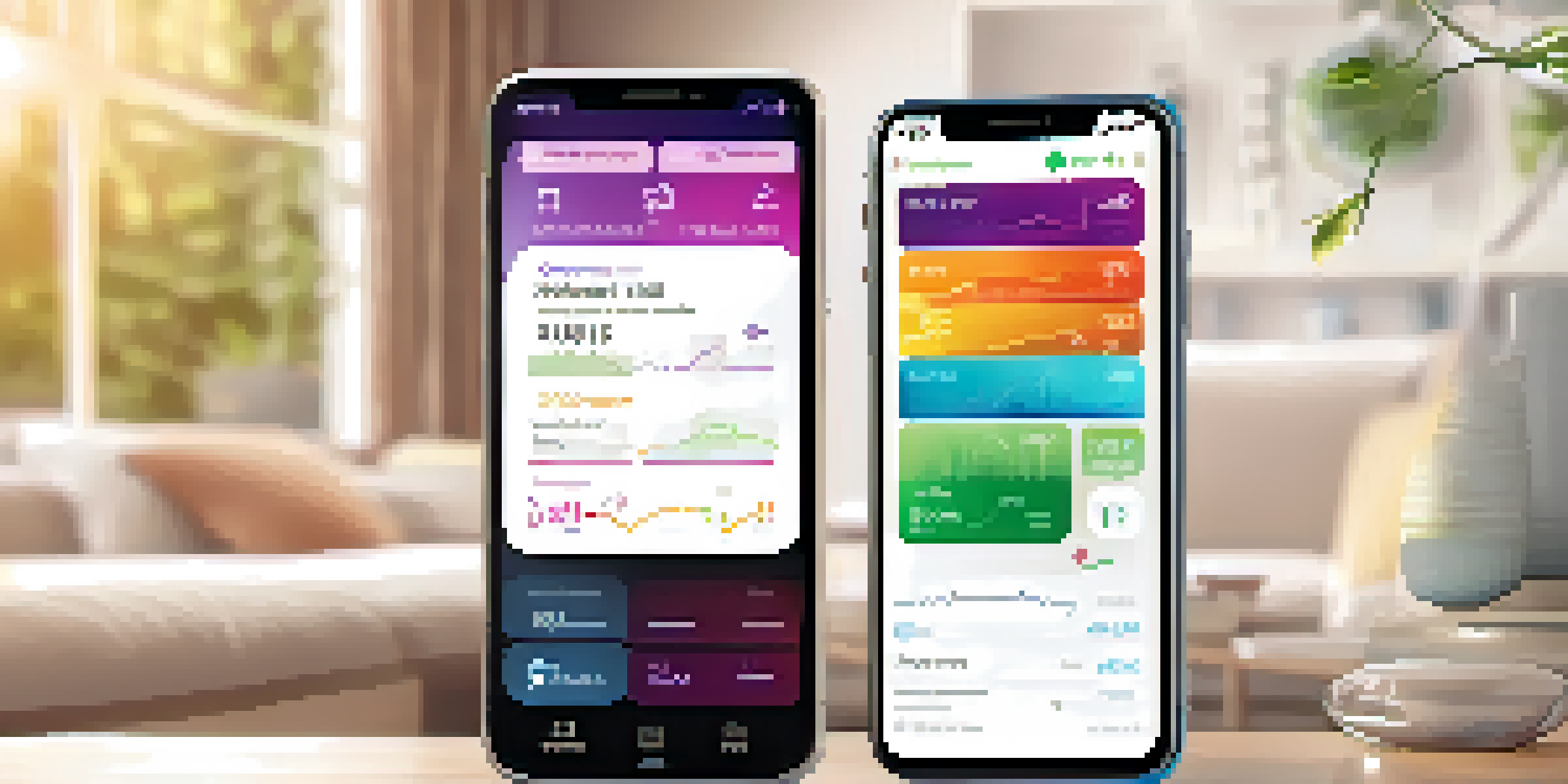 A smartphone with a digital therapeutics app interface in a cozy living room, featuring colorful graphs and health metrics.
