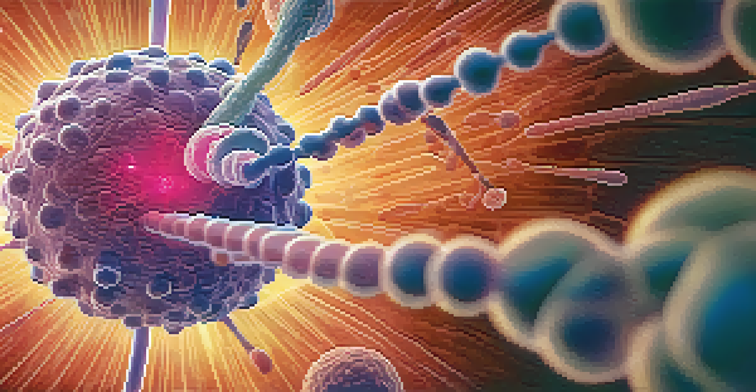 An artistic depiction of an antibody binding to a cancer cell with a cytotoxic drug being released inside, illustrating the mechanism of action of ADCs.