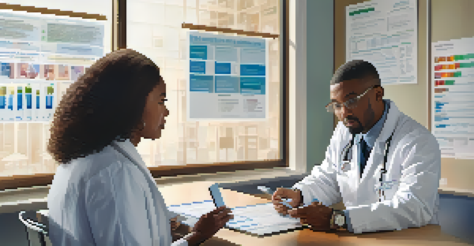 A healthcare provider and a patient discussing medication in a bright clinic, with charts and a laptop visible.