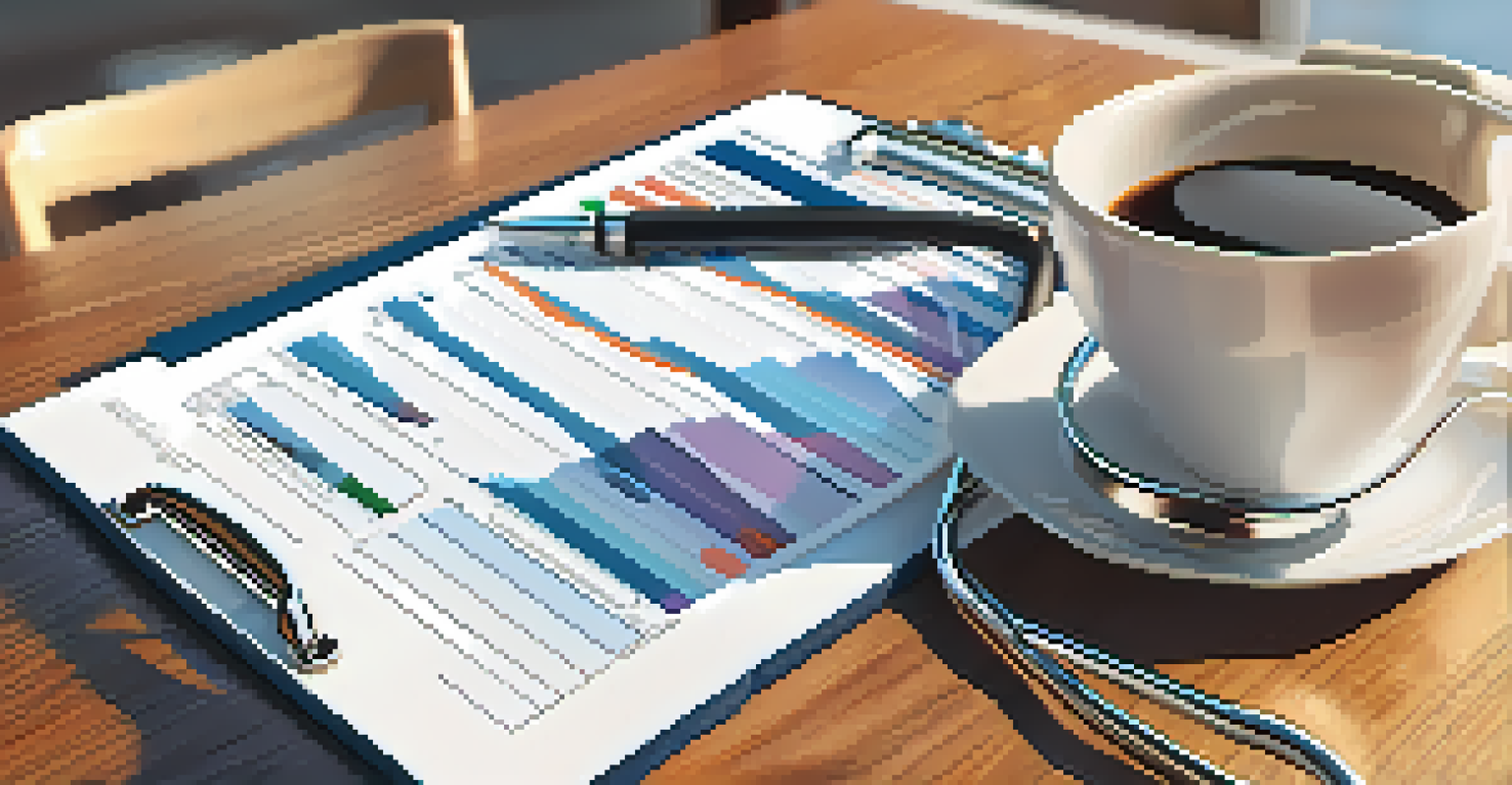 A clipboard with an epidemiological report, stethoscope, and coffee cup on a wooden table, with colorful graphs and soft morning light.