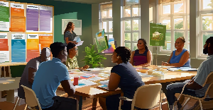 A diverse group of people attending a health workshop, engaged in discussion with health materials on the table and sunlight illuminating the room.