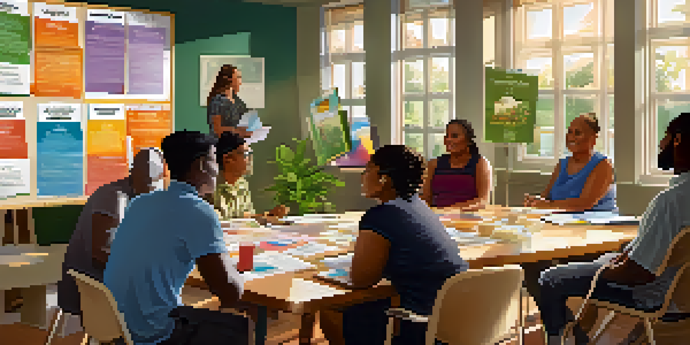 A diverse group of people attending a health workshop, engaged in discussion with health materials on the table and sunlight illuminating the room.
