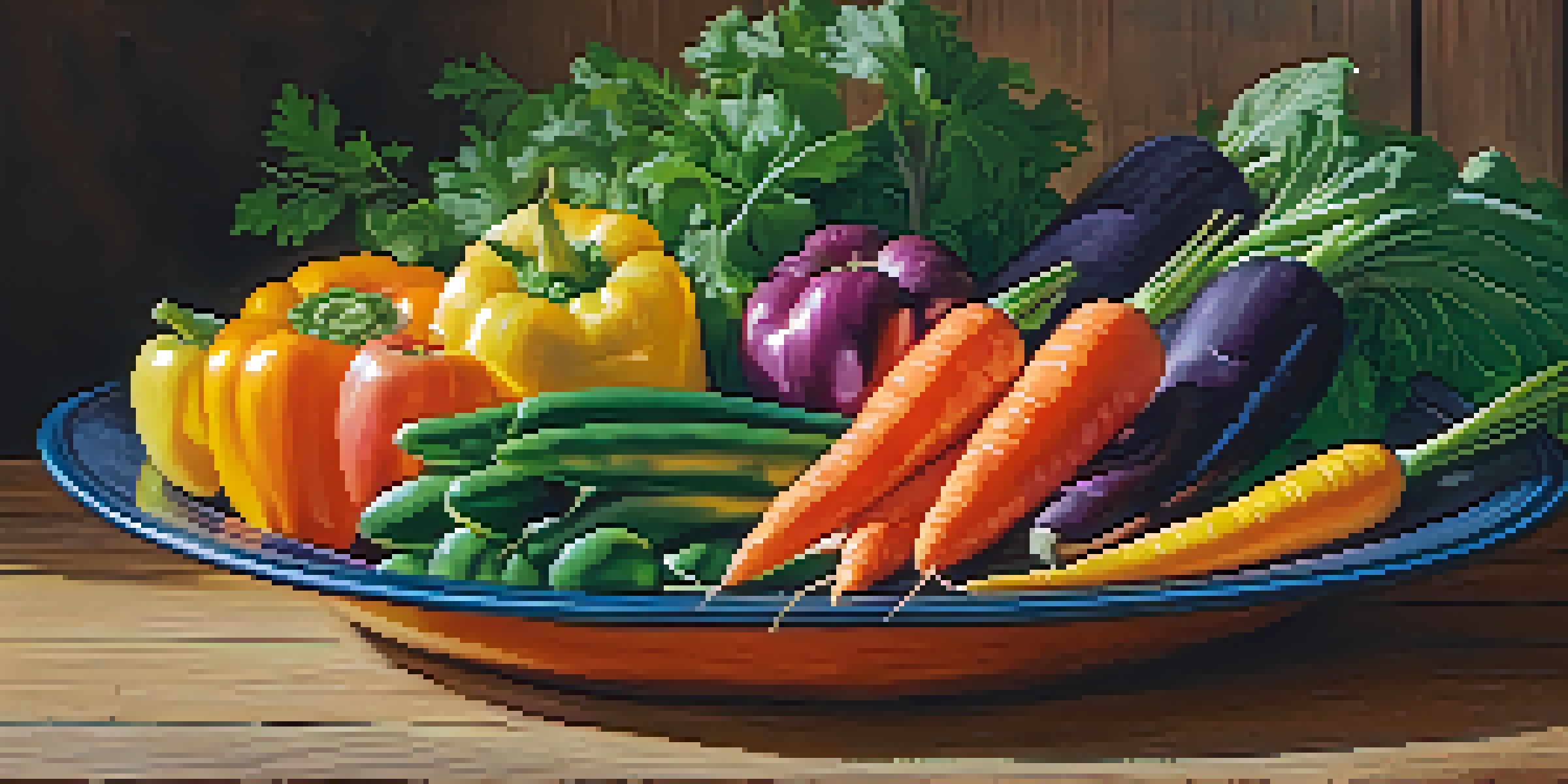 A colorful plate filled with various fruits and vegetables on a wooden table, illuminated by soft natural light.