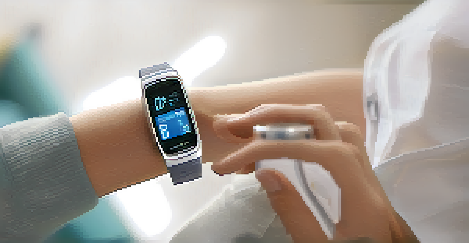 A close-up of a wrist with a health monitoring device, showing vital signs, set in a bright and airy room.