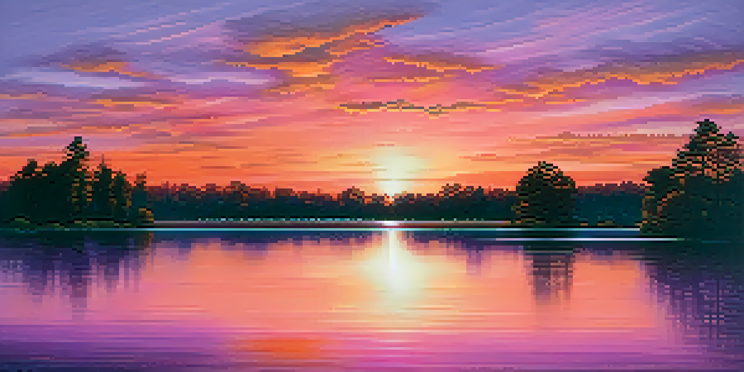 A sunset over a calm lake with colorful sky reflections and silhouettes of trees.